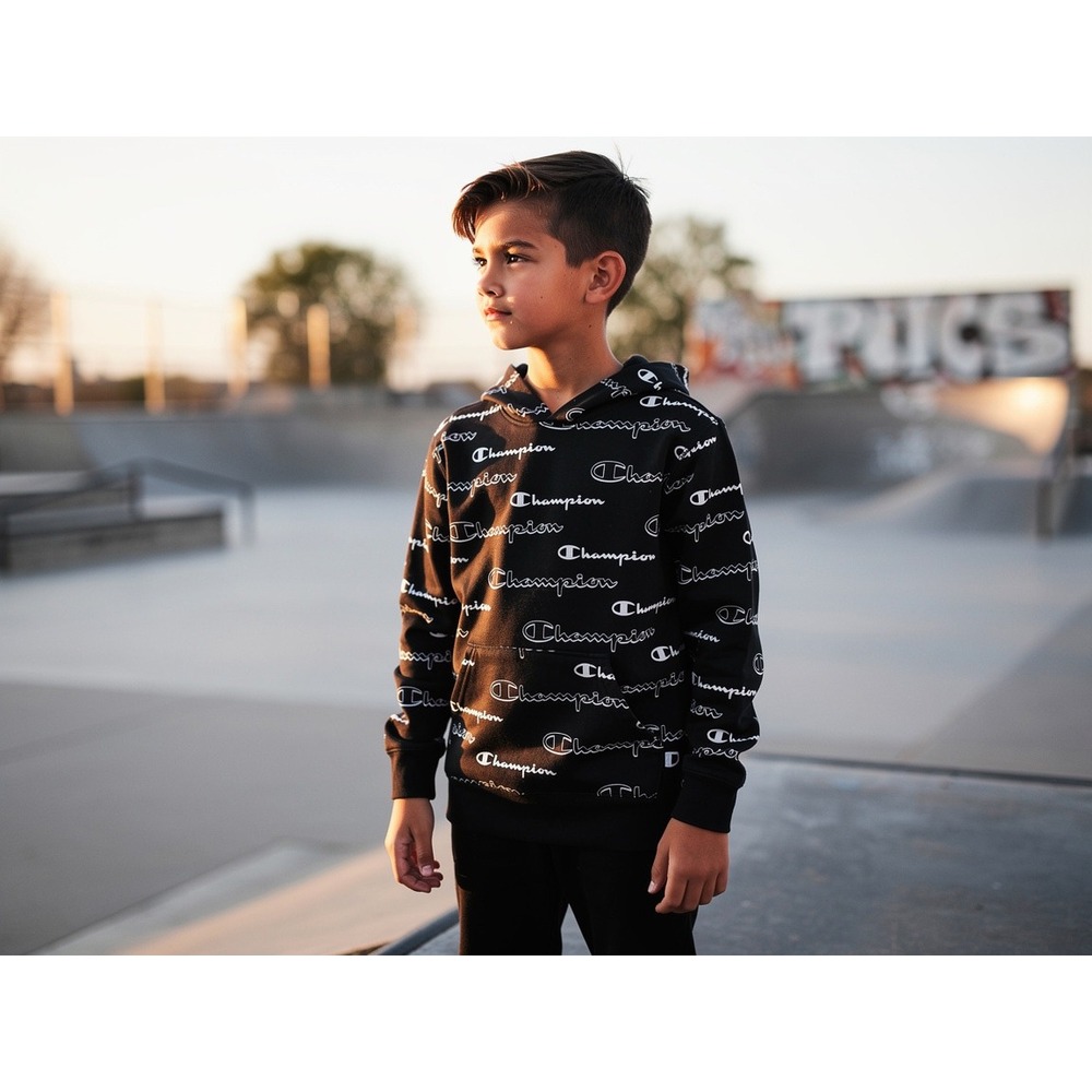 Champion Kids Hoodie Black All Over Logo‎ Print Pullover Size L active casual